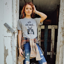 Load image into Gallery viewer, Girls Who Shoot grey tee by American Farmgirl