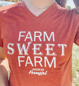 Farm Sweet Farm tee in brick by American Farmgirl