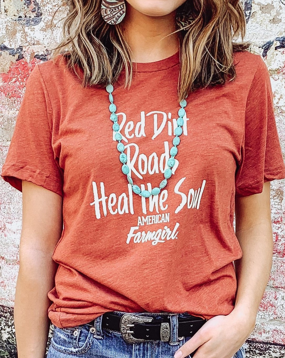 Red Dirt Roads Heal the Soul crewneck tee in brick by American Farmgirl