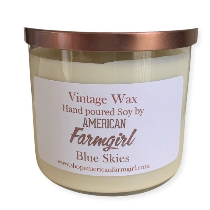 Blue Skies hand poured soy candle with three wicks by Vintage Wax from American Farmgirl