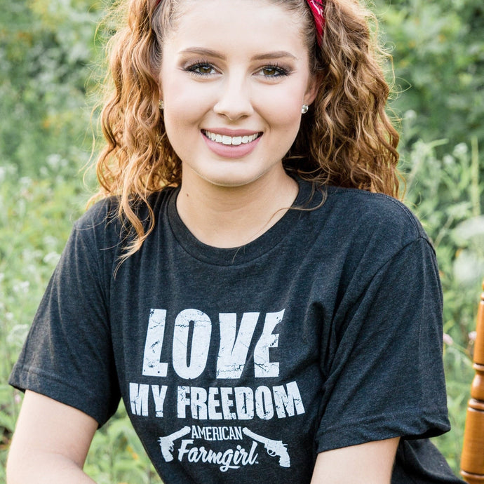 Love My Freedom short sleeve ladies tee in black by American Farmgirl